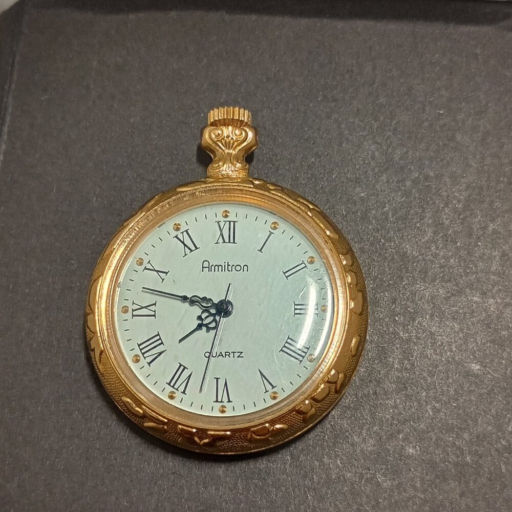 Vintage Armitron Ladies Pocket Watch Pendant, Floral Back, Gold Plated - Working
